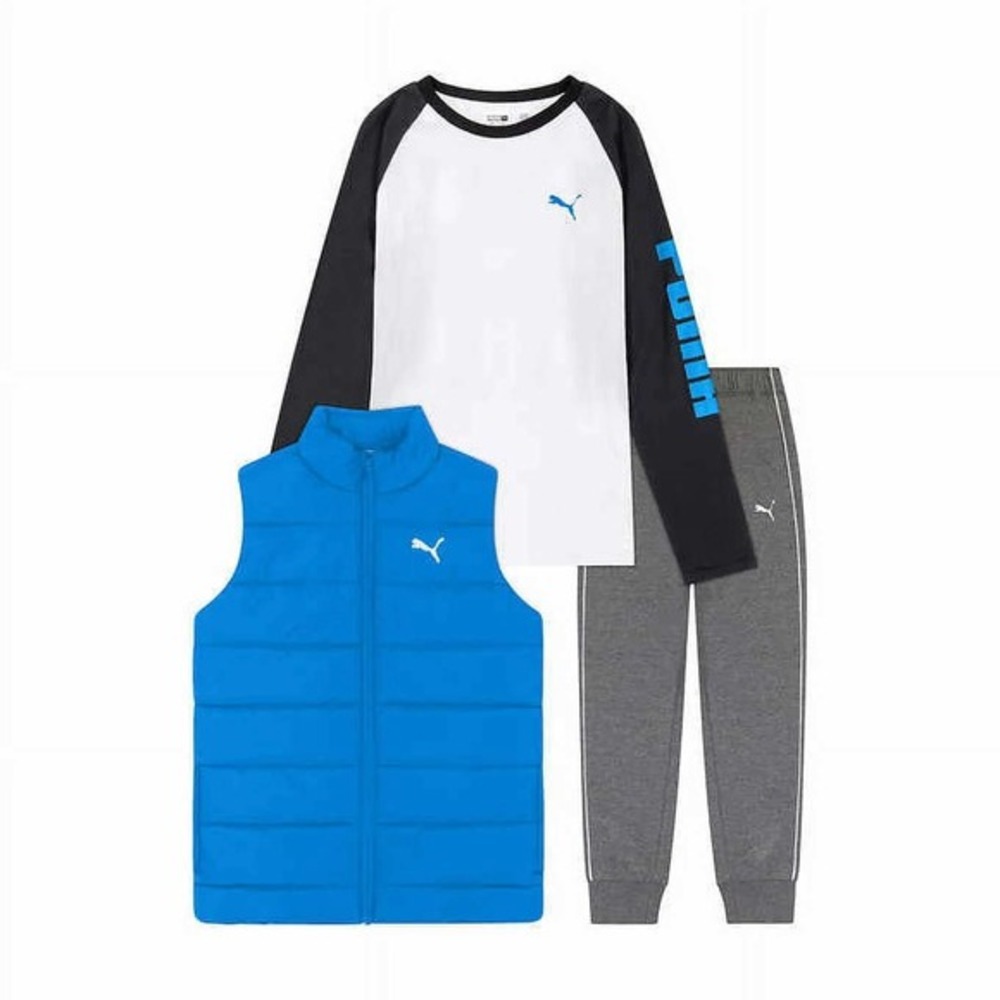 PUMA Set Vest Long Sleeve Shirt PANTS 3pc  Blue/White/Gray/Black Medium‎ NWT!